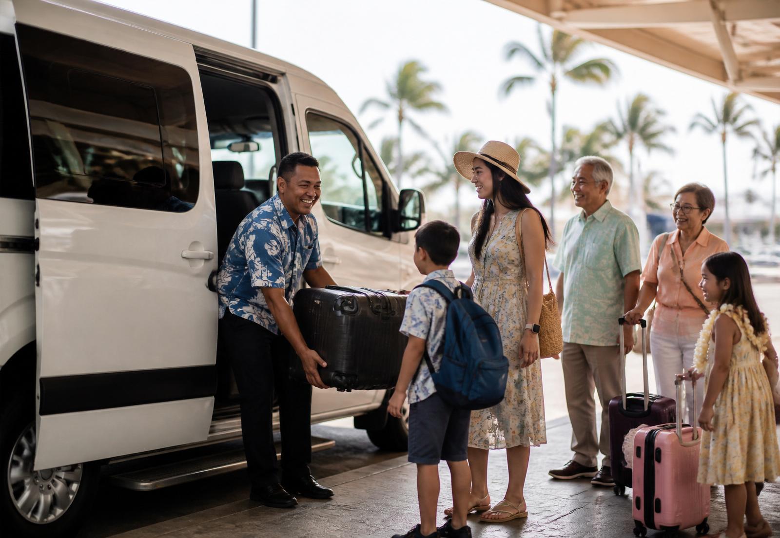 A local driver in an aloha shirt helping a multi-generational family load luggage into a white passenger van at Honolulu airport