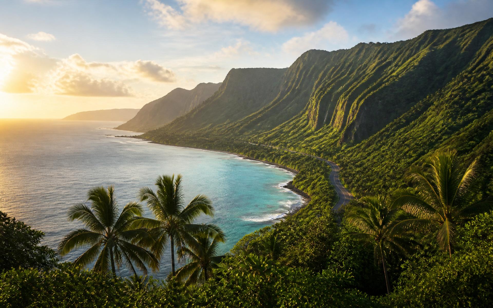 Windward Oʻahu coastline with palm trees framing a turquoise bay and coastal road at golden hour